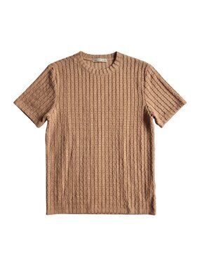 NWOT | Tan Textured Vertical Rib Knit Short Sleeve Crew Neck Top Soft | Medium